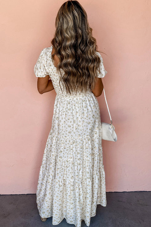Enchanted Garden Floral Print Smocked Puff Sleeve Maxi Dress